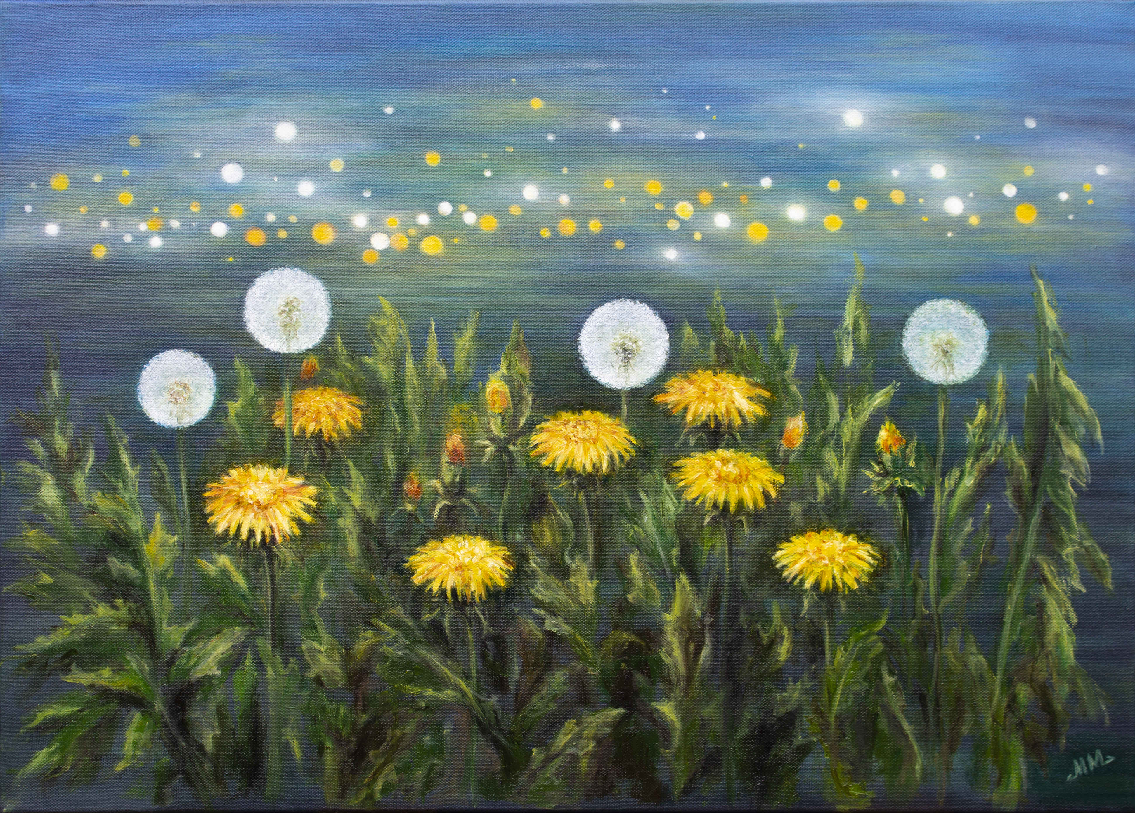 Dandelion Night, original acrylic and oil painting by Mila Moroko